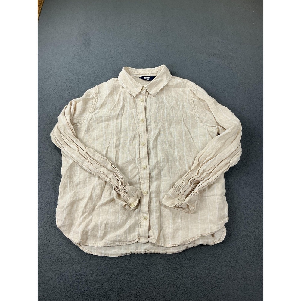 Lands' End Button-Up Womens PS Beige Linen Striped Collared Relaxed Fit